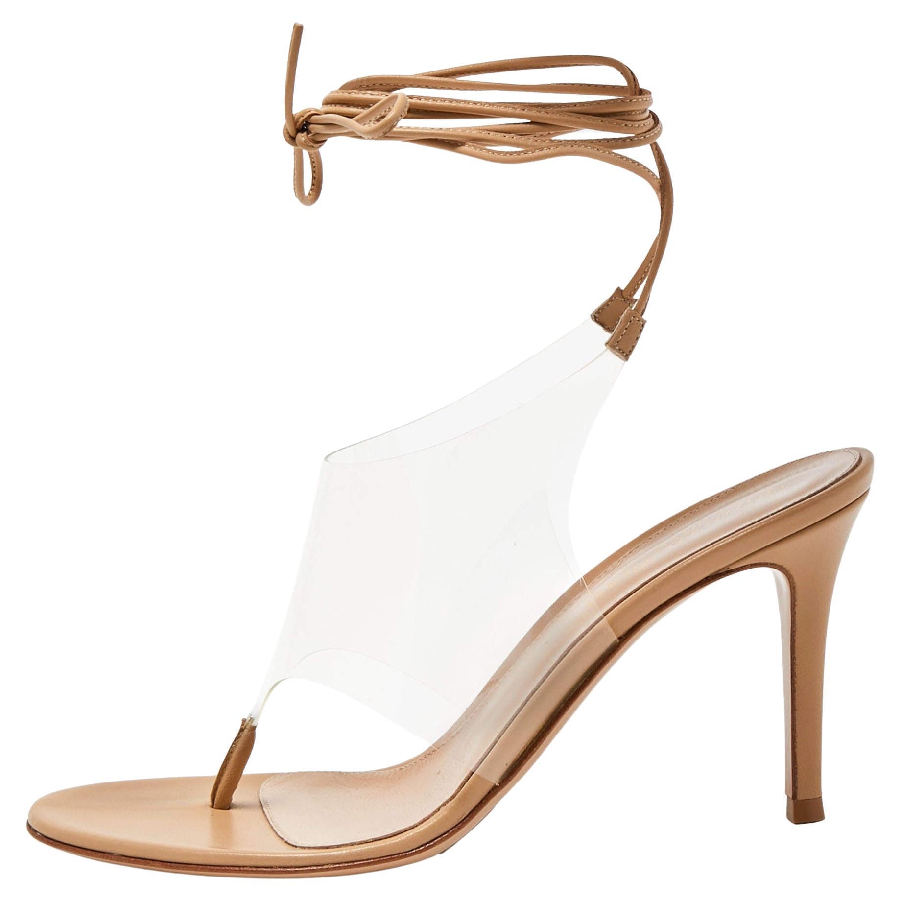 Gianvito Rossi Beige Leather and PVC Ankle Wrap Sandals Size 37.5 For Sale
