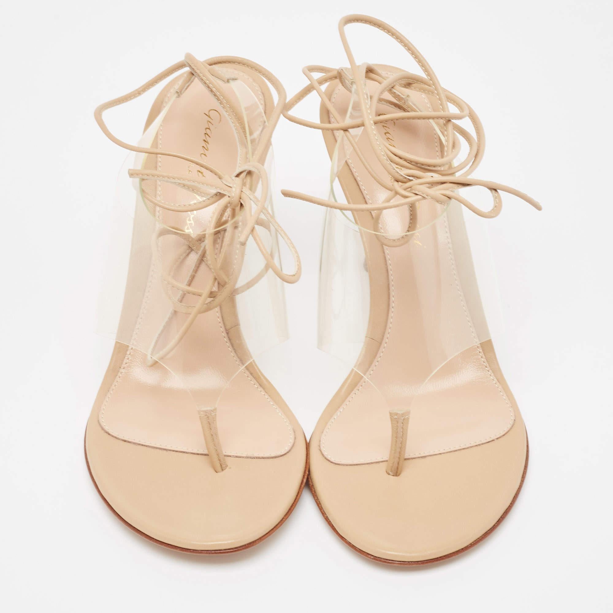 Gianvito Rossi Beige Leather and PVC Plexi Thong Wrap Sandals Size 35 In New Condition For Sale In Dubai, Al Qouz 2