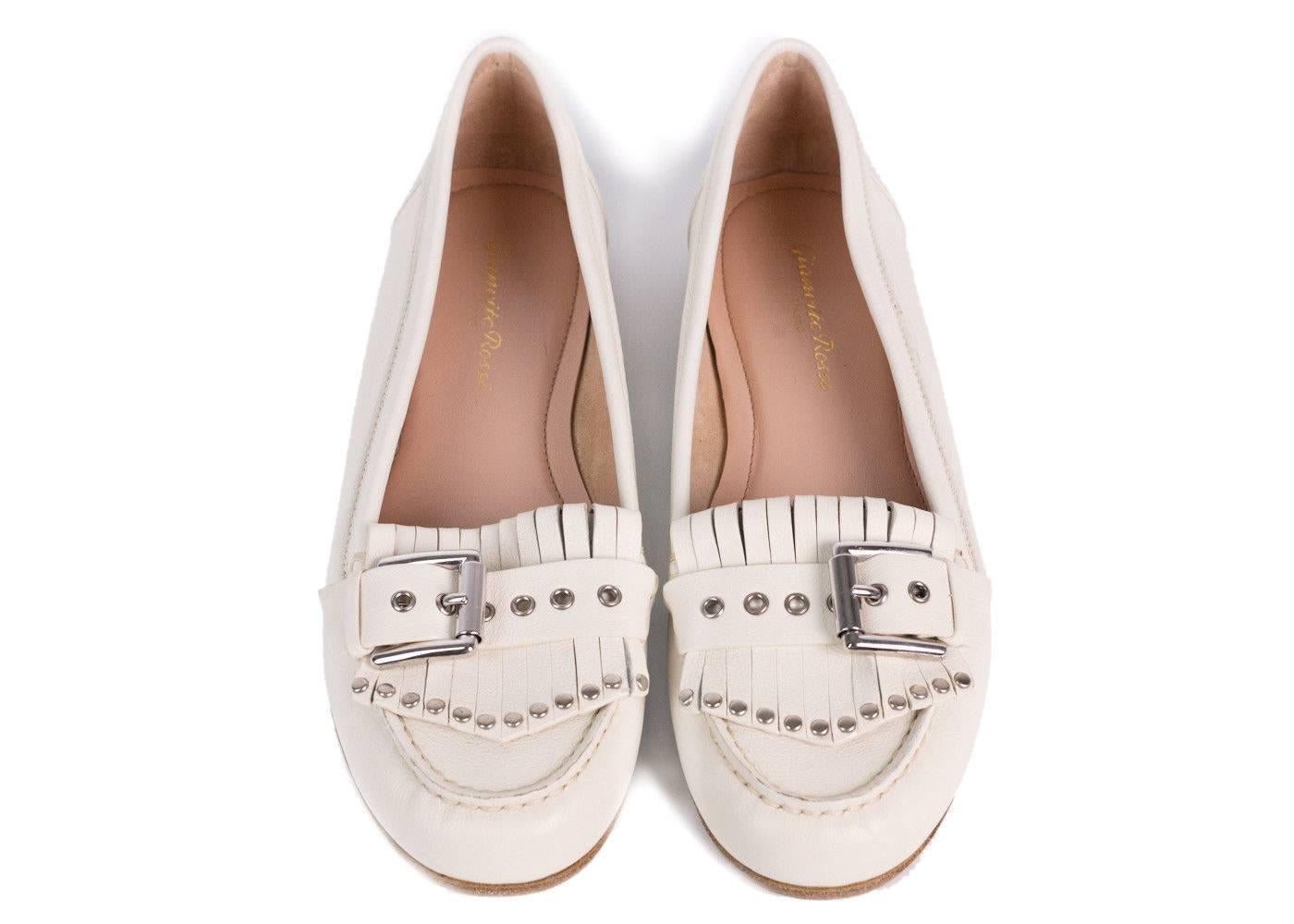 Gianvito Rossi Beige Leather Studded Buckled Fringe Loafers In New Condition For Sale In Brooklyn, NY