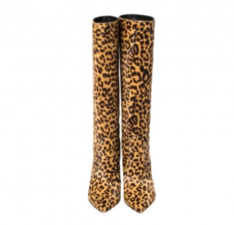 Gianvito Rossi Beige Leopard Print Calfhair Hunter Boots Size 36.5 In Good Condition For Sale In Dubai, Al Qouz 2