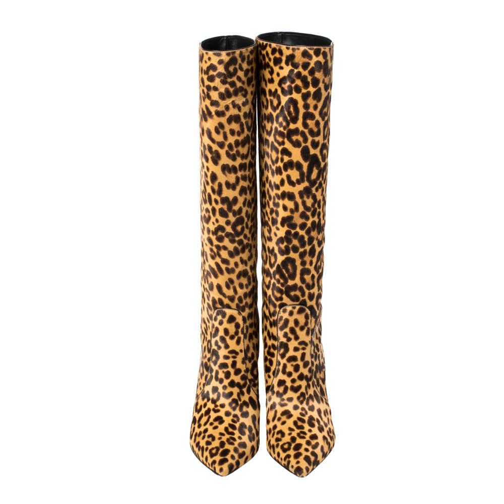 Gianvito Rossi Beige Leopard Print Calfhair Hunter Boots Size 36.5 In Excellent Condition For Sale In Dubai, Al Qouz 2