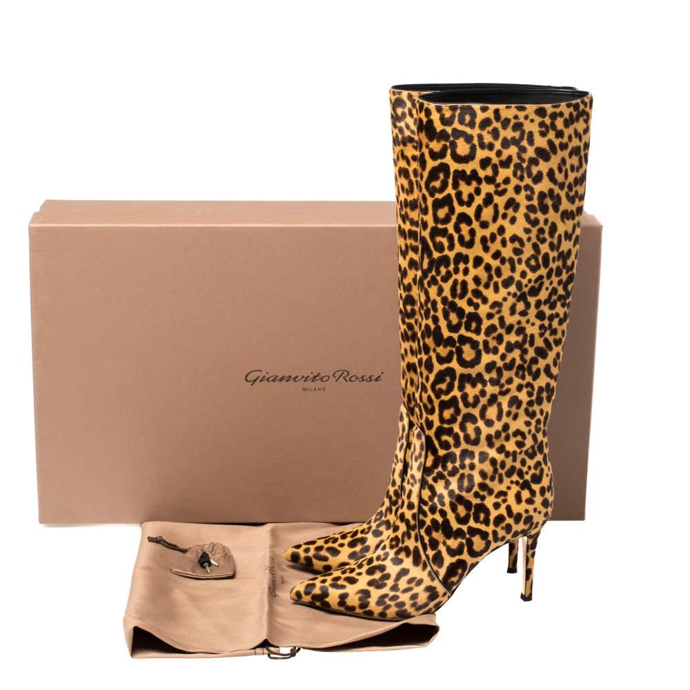 Women's Gianvito Rossi Beige Leopard Print Calfhair Hunter Boots Size 36.5 For Sale