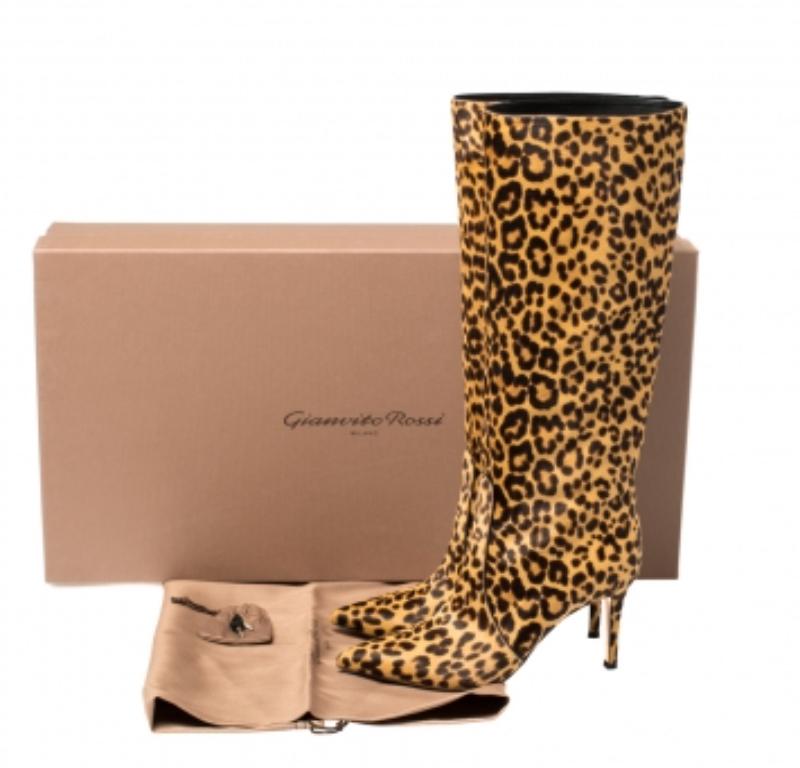 Gianvito Rossi Beige Leopard Print Calfhair Hunter Boots Size 36.5 For Sale 5