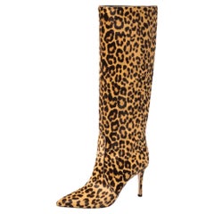 Used Gianvito Rossi Beige Leopard Print Calfhair Hunter Boots Size 36.5