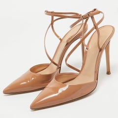 Gianvito Rossi Beige Patent Leather Ankle Strap Pumps Size 39.5