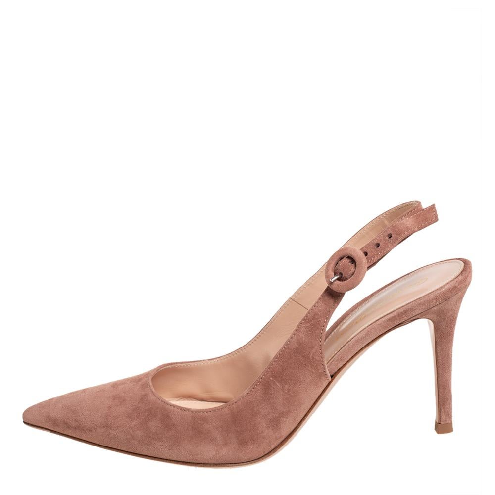 These beauties by Gianvito Rossi are perfect to nail a sophisticated and stylish look. They are crafted from soft beige-hued suede and designed in a pointed-toe style. Comfortable insoles, slim slingbacks, and 8.5 cm heels make the pair