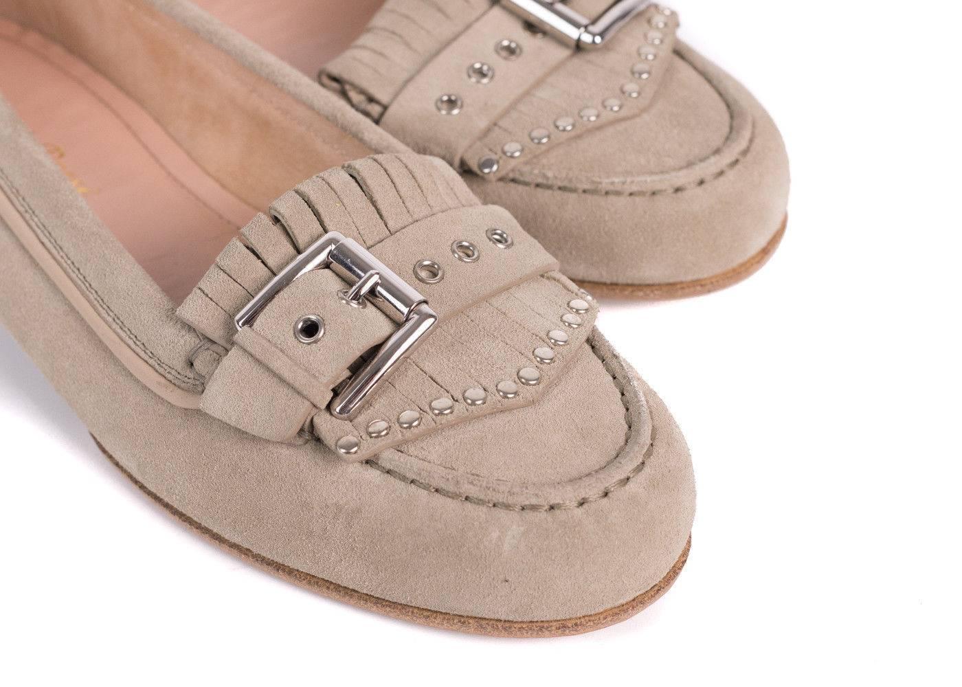 Gianvito Rossi Beige Suede Studded Buckle Moccasin For Sale 1