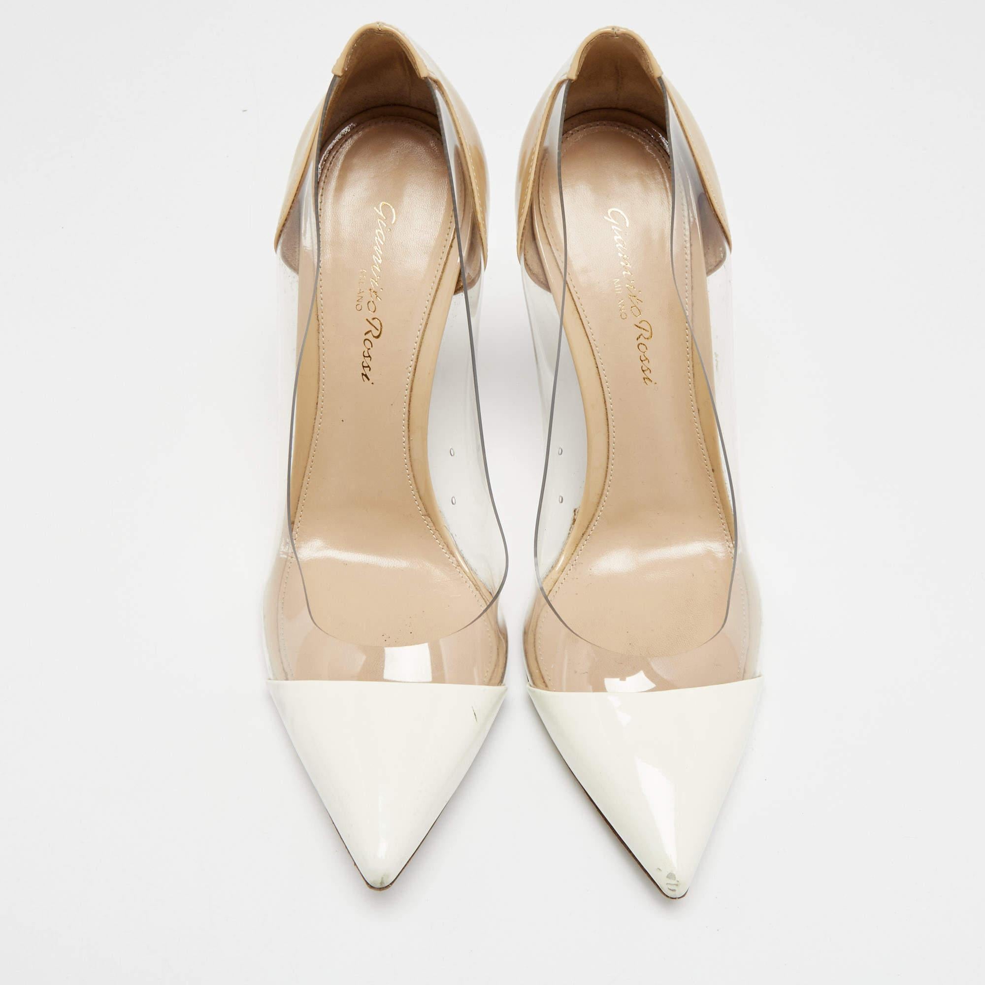 Gianvito Rossi Beige/White Patent Leather & PVC Plexi Pointed Toe Pumps Size 38 In Excellent Condition In Dubai, Al Qouz 2