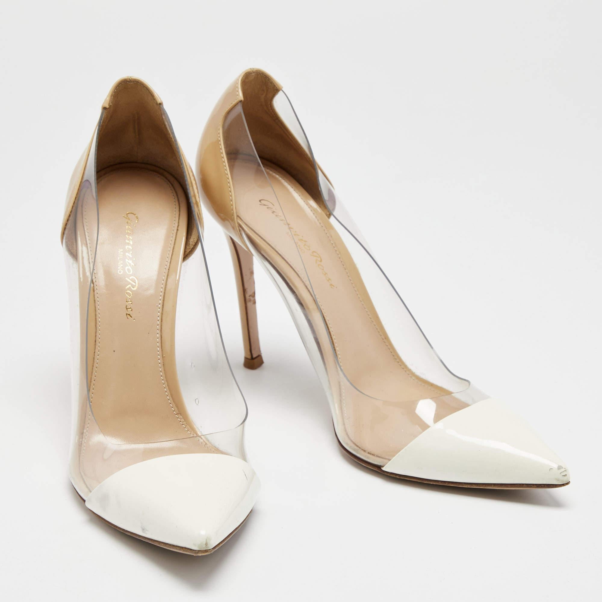 Women's Gianvito Rossi Beige/White Patent Leather & PVC Plexi Pointed Toe Pumps Size 38