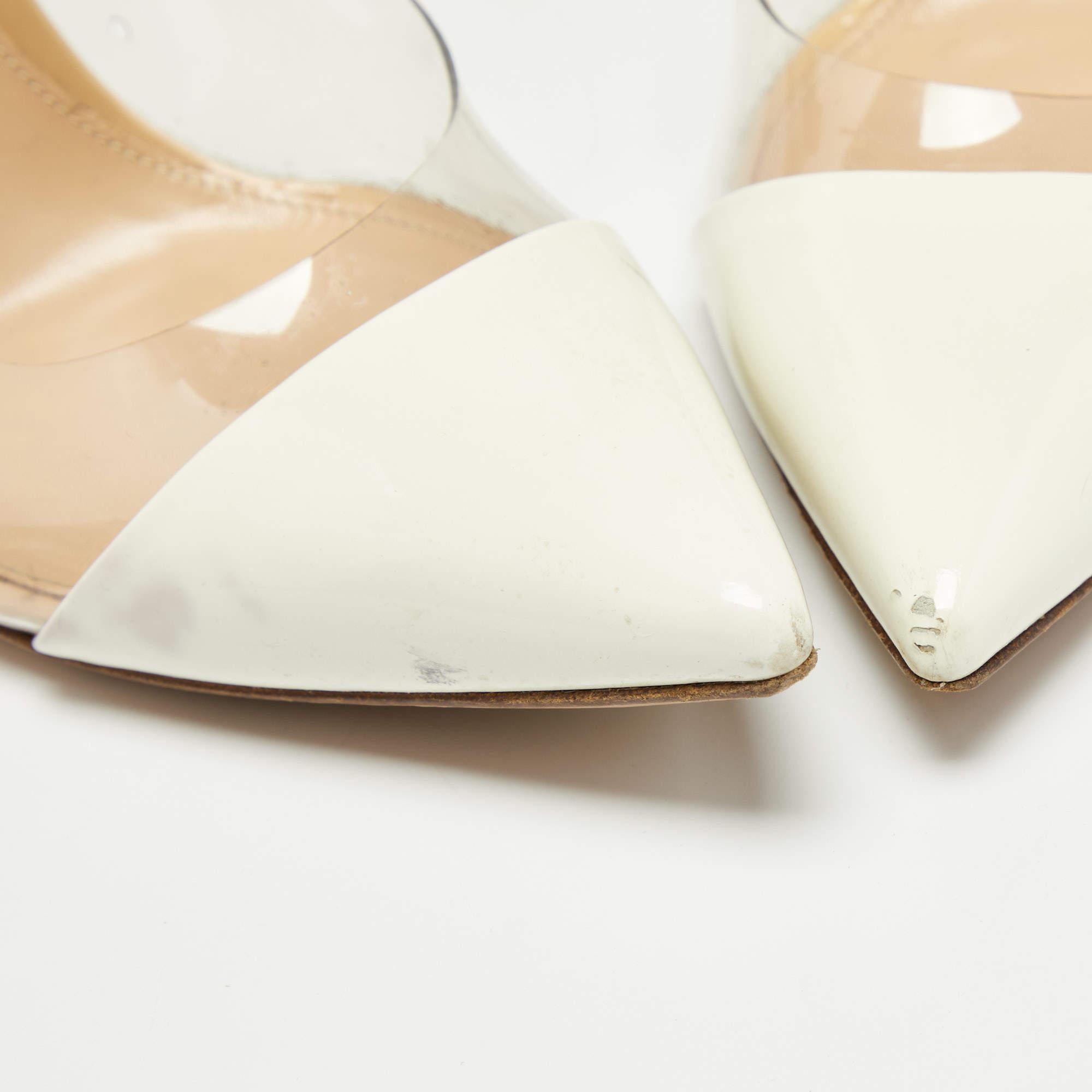 Gianvito Rossi Beige/White Patent Leather & PVC Plexi Pointed Toe Pumps Size 38 5