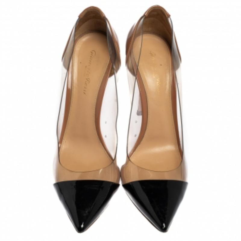 Women's Gianvito Rossi Black/Beige Patent Leather And PVC Plexi  Pumps Size 39.5 For Sale