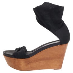 Gianvito Rossi Black Fabric Wedge Platform Ankle Strap Sandals Size 37.5