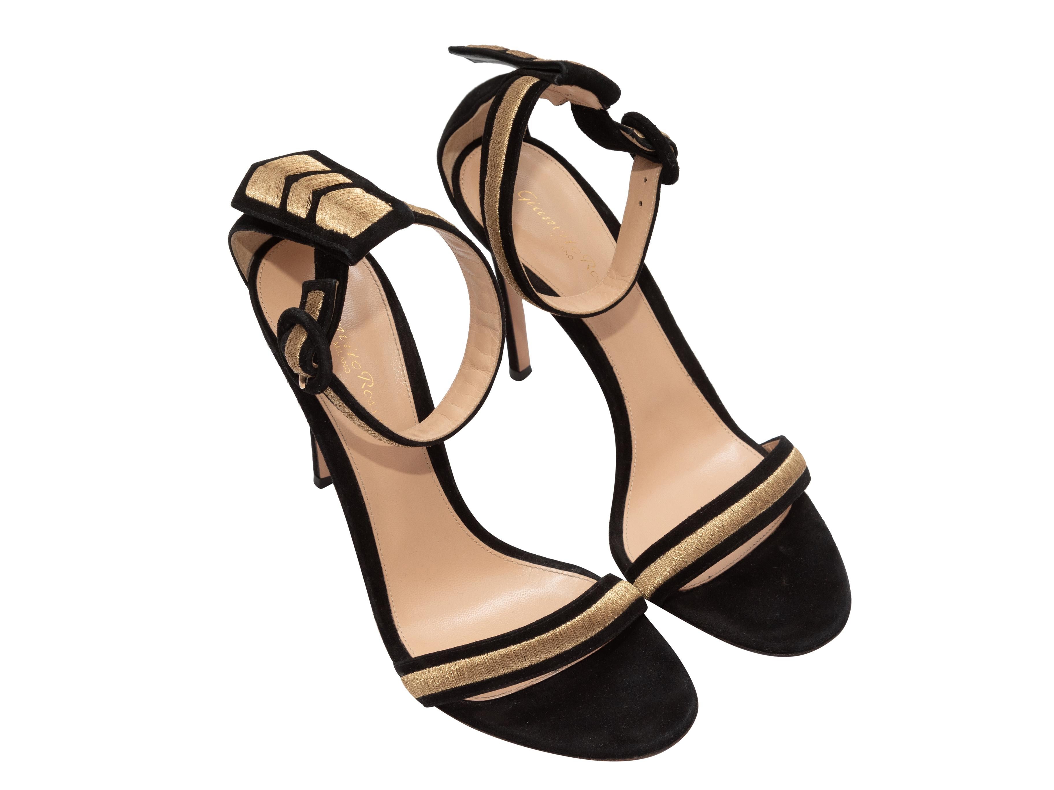Gianvito Rossi Black & Gold Suede Heeled Sandals In Good Condition For Sale In New York, NY
