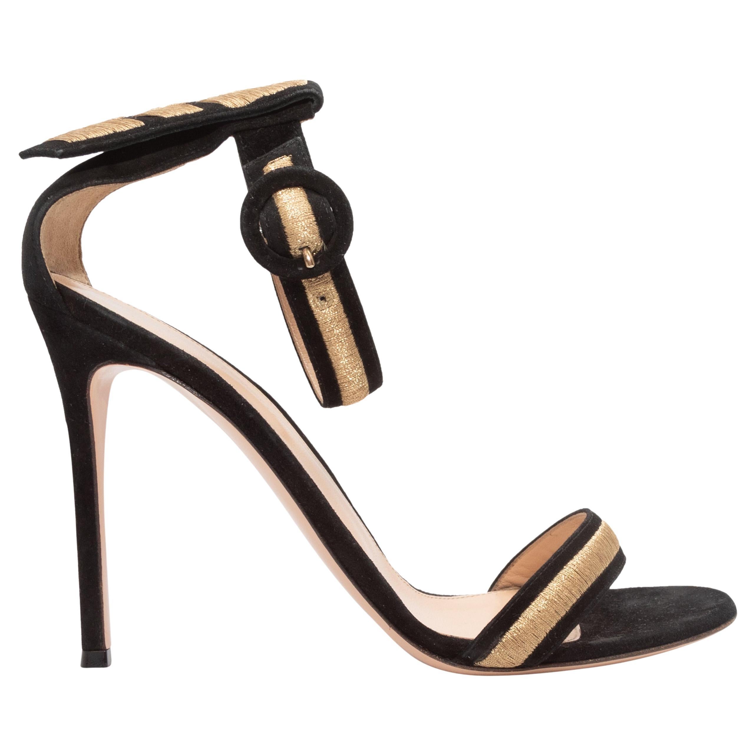Gianvito Rossi Black & Gold Suede Heeled Sandals For Sale