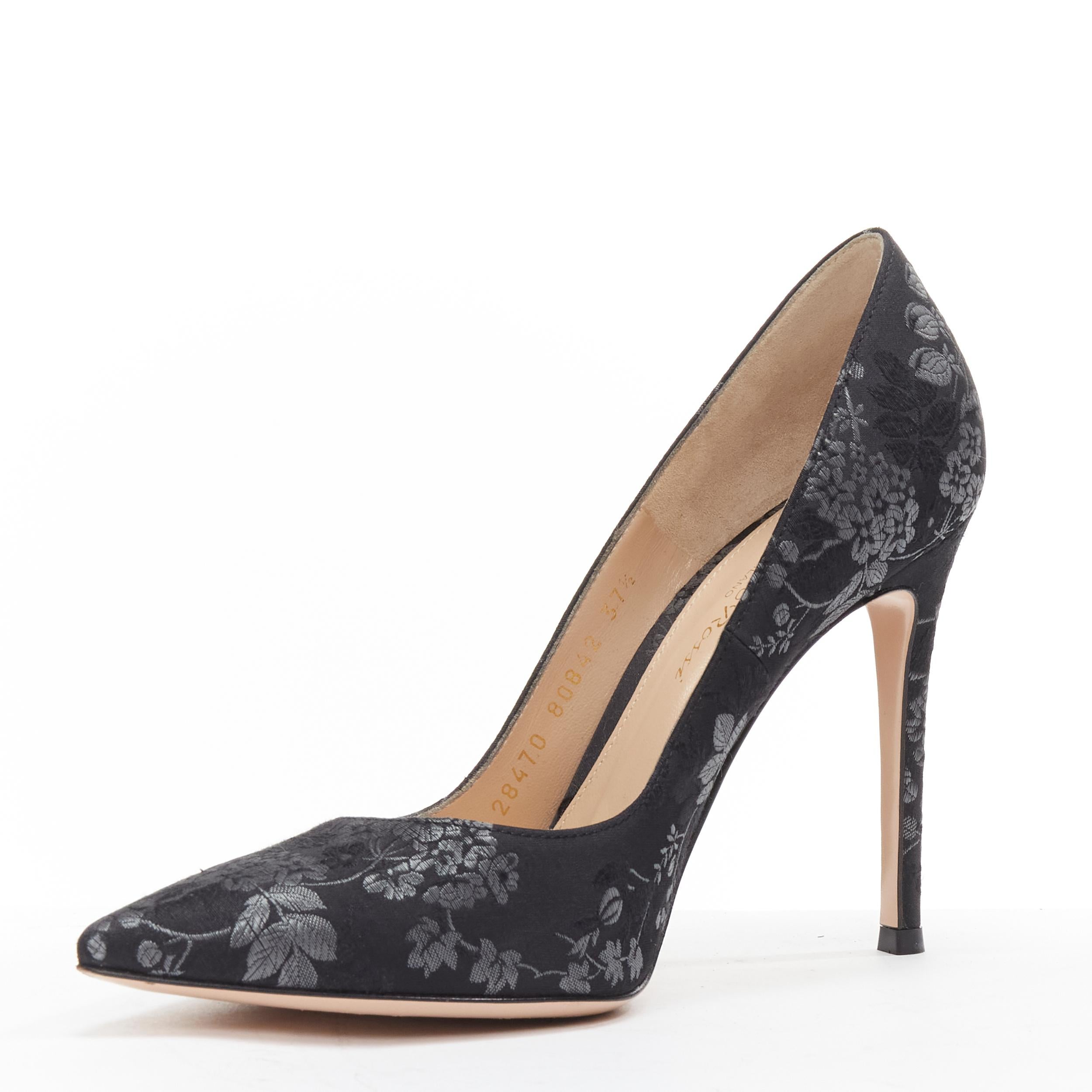 GIANVITO ROSSI black grey floral jacquard classic pigalle pump heels EU37.5 In Excellent Condition For Sale In Hong Kong, NT