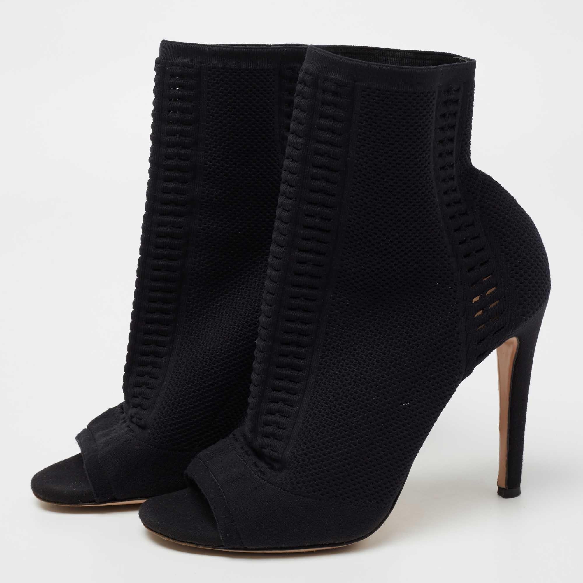 Women's Gianvito Rossi Black Knit Fabric Vires Open-Toe Ankle Booties Size 40 For Sale