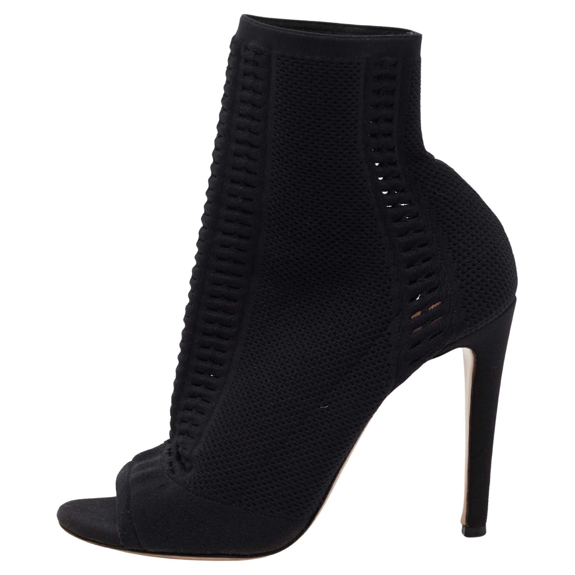 Gianvito Rossi Black Knit Fabric Vires Open-Toe Ankle Booties Size 40 For Sale