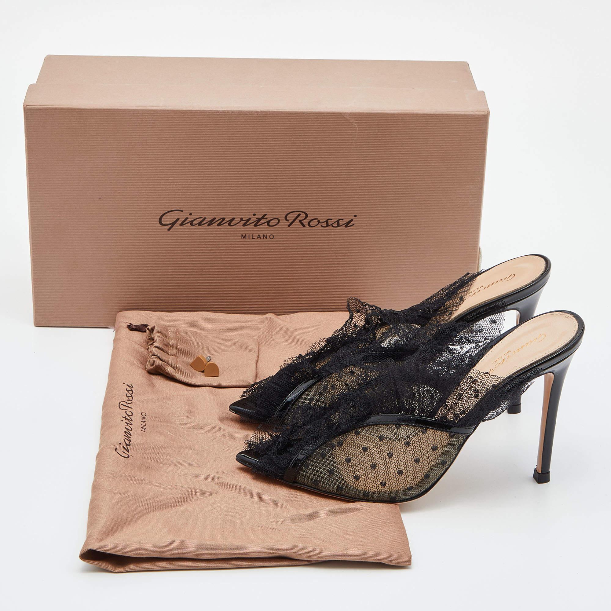 Gianvito Rossi Black Lace, Mesh and Patent Leather Mule Sandals Size 35 4