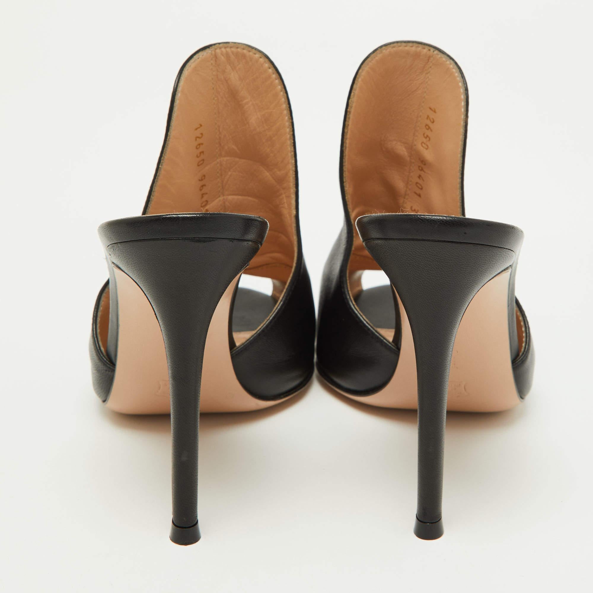 Gianvito Rossi Black Leather Alise Peep Toe Mules Size 37.5 1