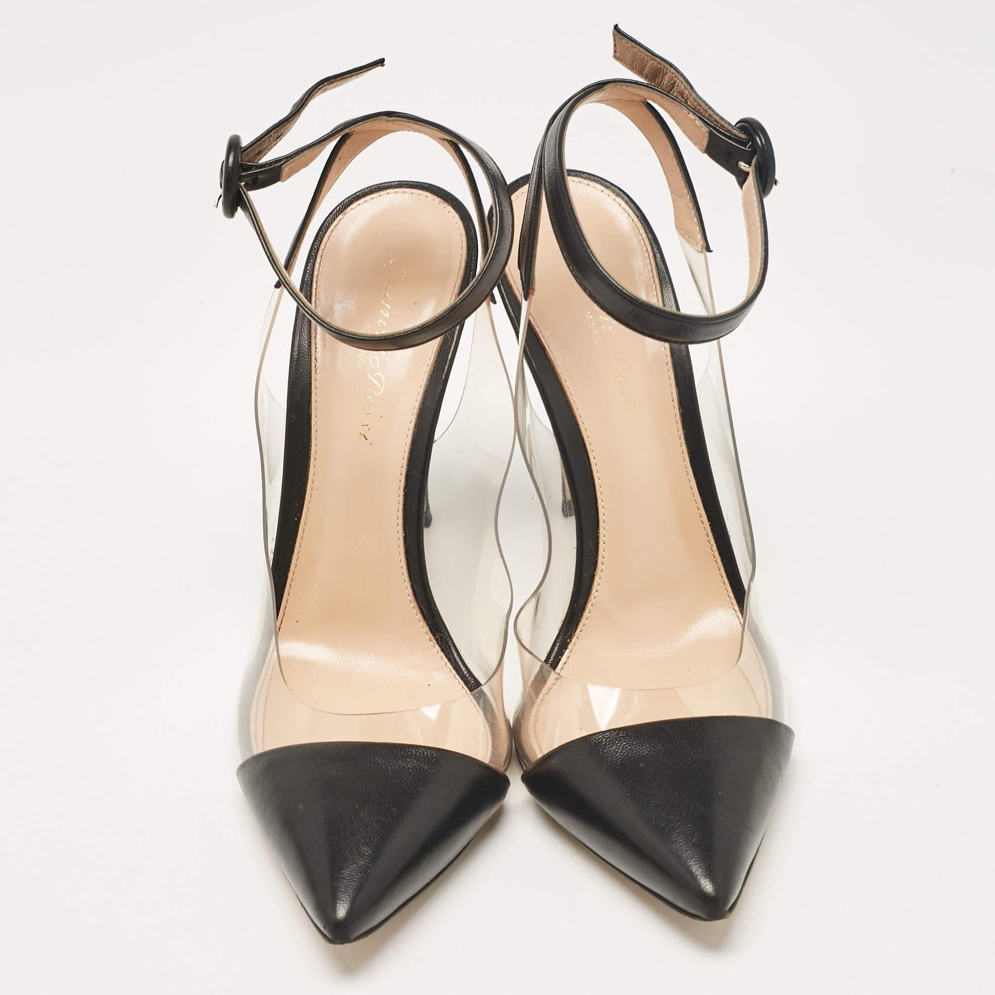 Beige Gianvito Rossi Black Leather and PVC Anise Ankle Strap Pumps Size 38 For Sale
