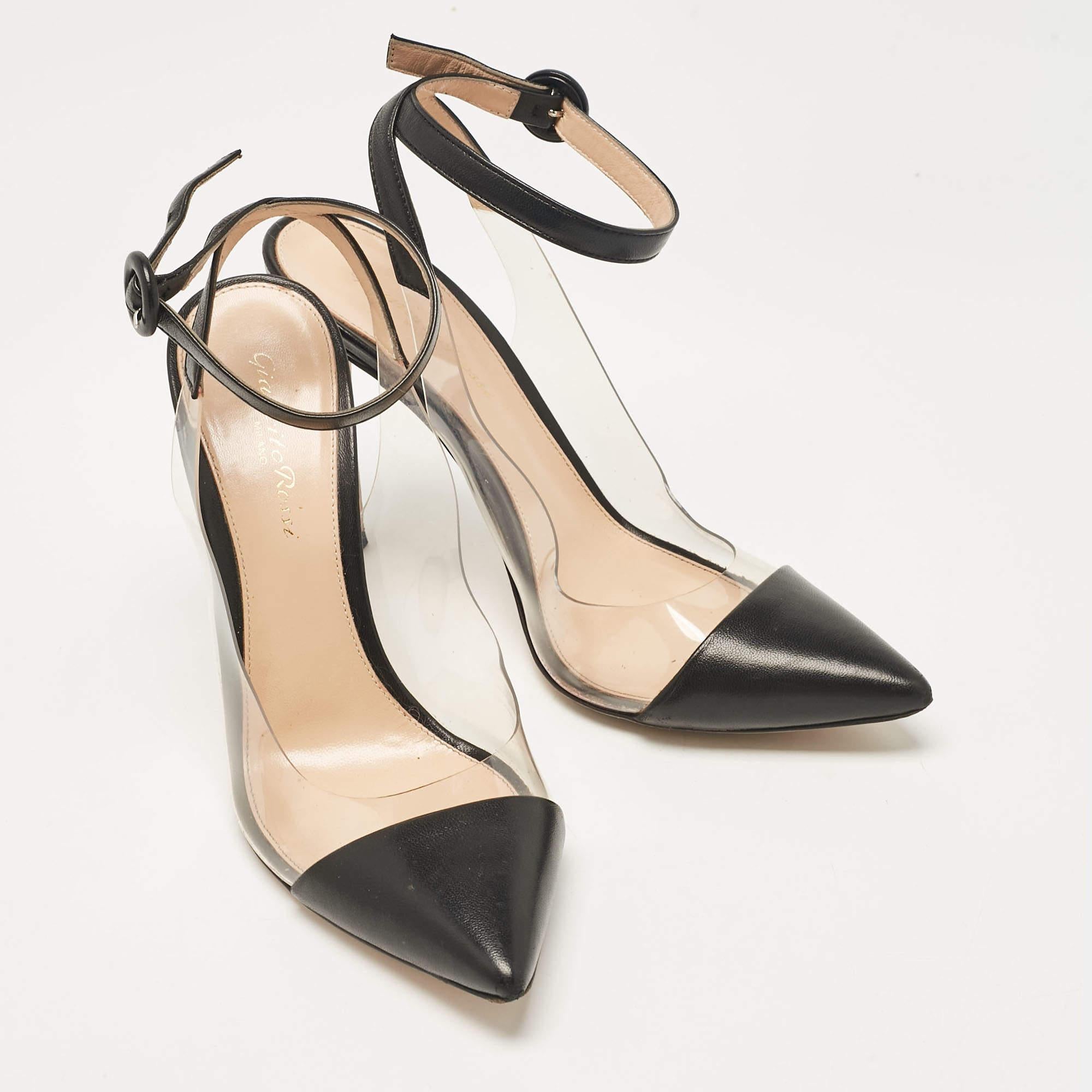 Gianvito Rossi Black Leather and PVC Anise Ankle Strap Pumps Size 38 In Good Condition For Sale In Dubai, Al Qouz 2