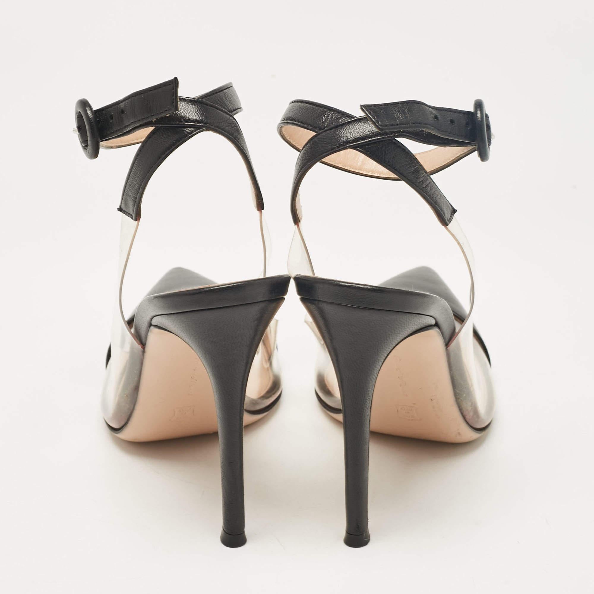 Women's Gianvito Rossi Black Leather and PVC Anise Ankle Strap Pumps Size 38 For Sale