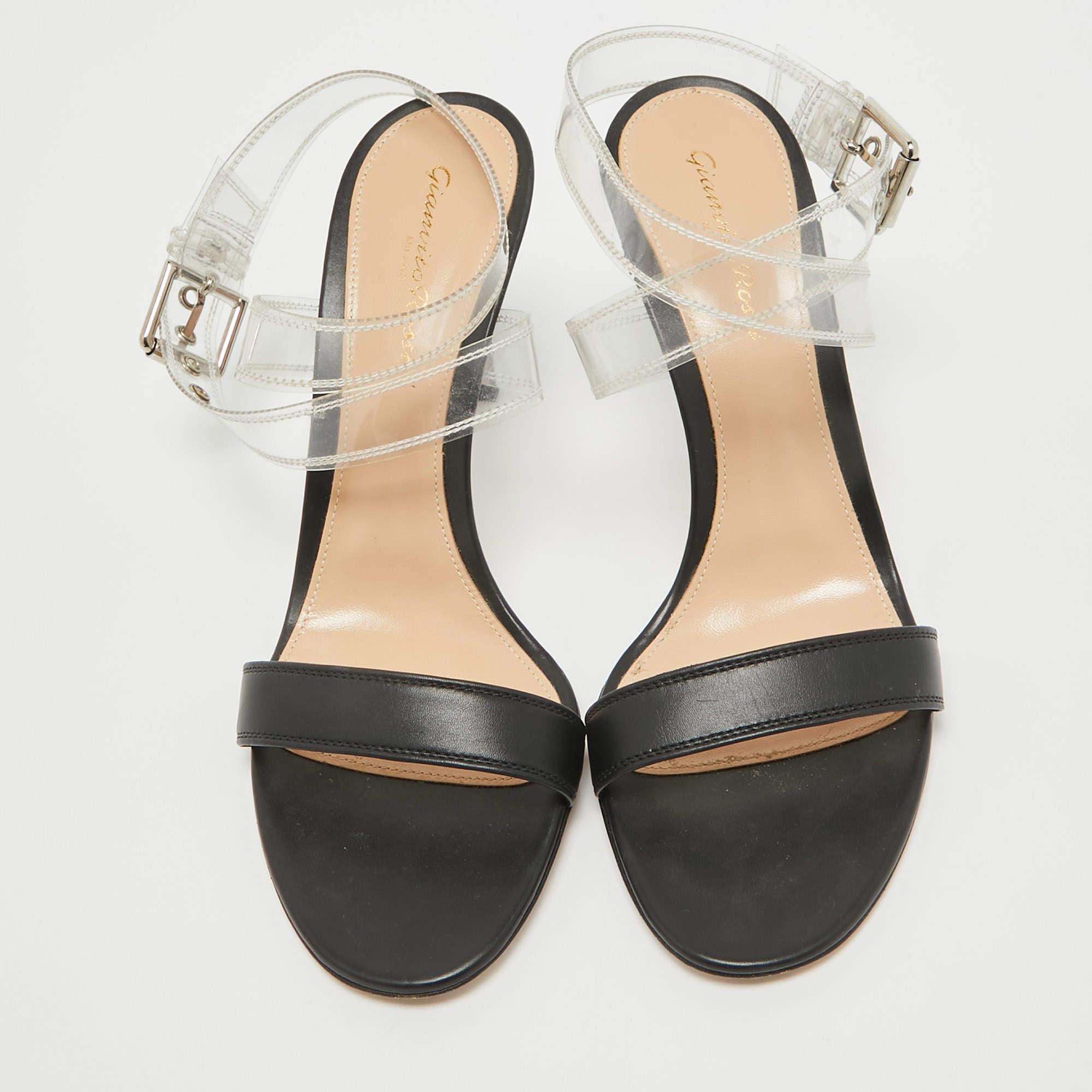 Gianvito Rossi Black Leather and PVC Ankle Strap Sandals Size 38.5 In Good Condition In Dubai, Al Qouz 2