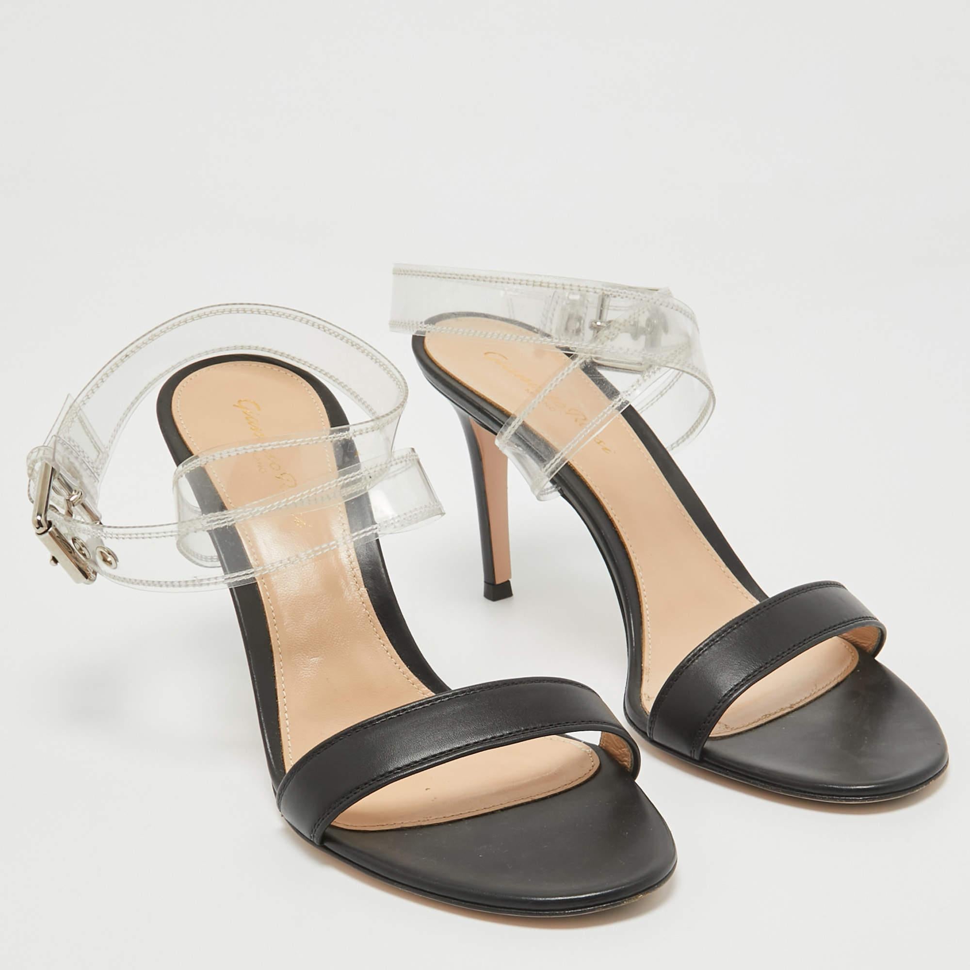 Women's Gianvito Rossi Black Leather and PVC Ankle Strap Sandals Size 38.5