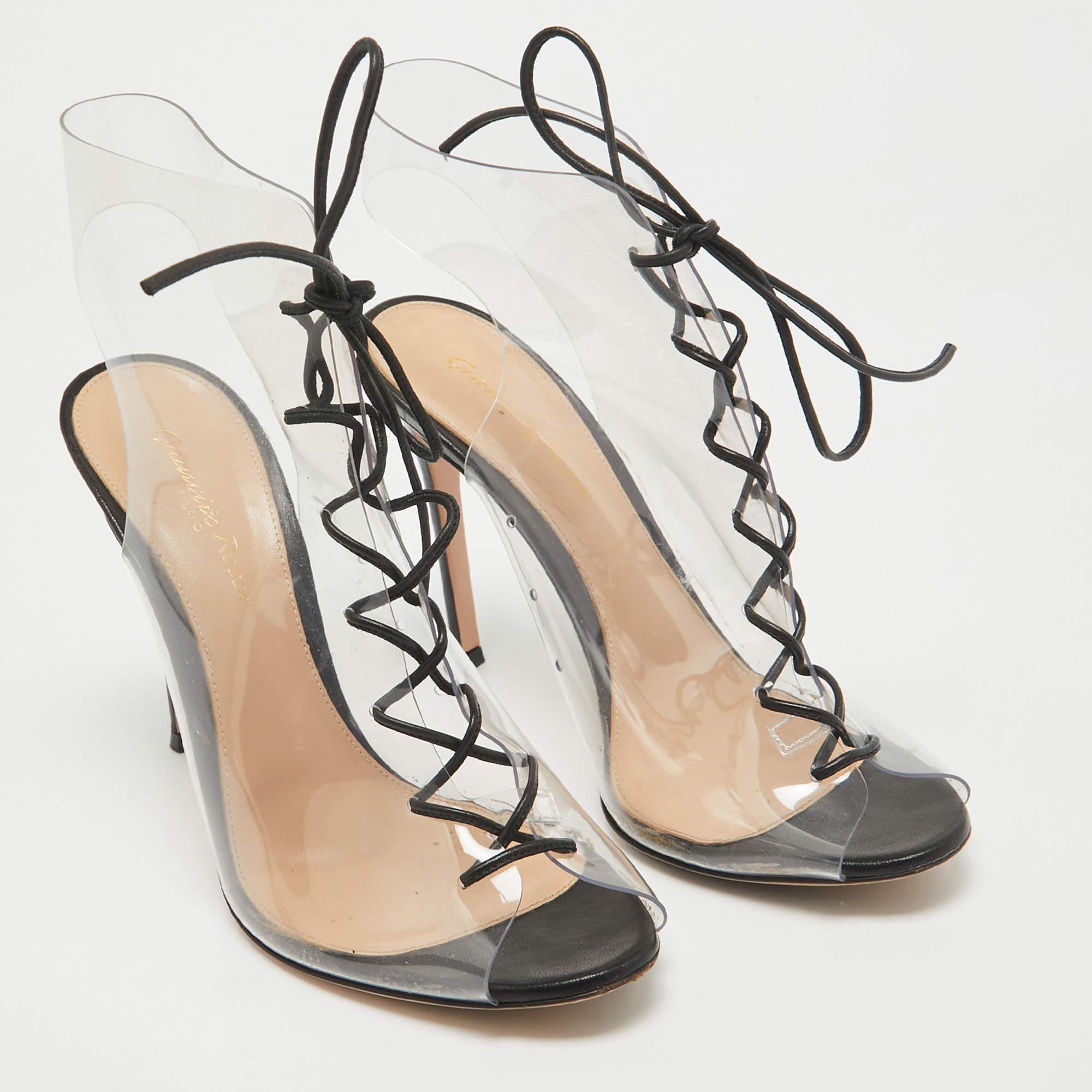 Women's Gianvito Rossi Black Leather and PVC Helmut Lace Up Booties Size 39.5 For Sale