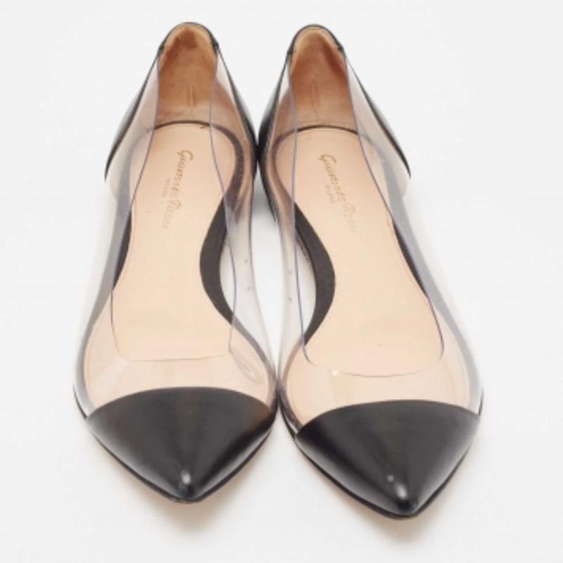 Women's Gianvito Rossi Black Leather and PVC Plexi Ballet Flats Size 38