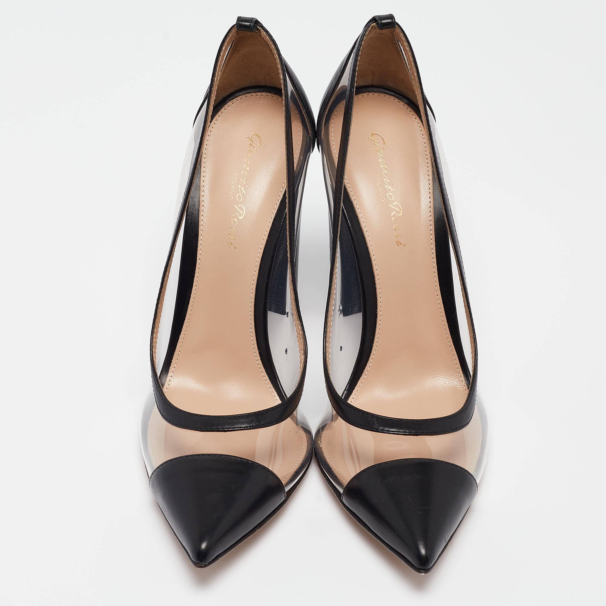 Gianvito Rossi Black Leather and PVC Plexi Block Heel Pumps Size 39 In Excellent Condition For Sale In Dubai, Al Qouz 2