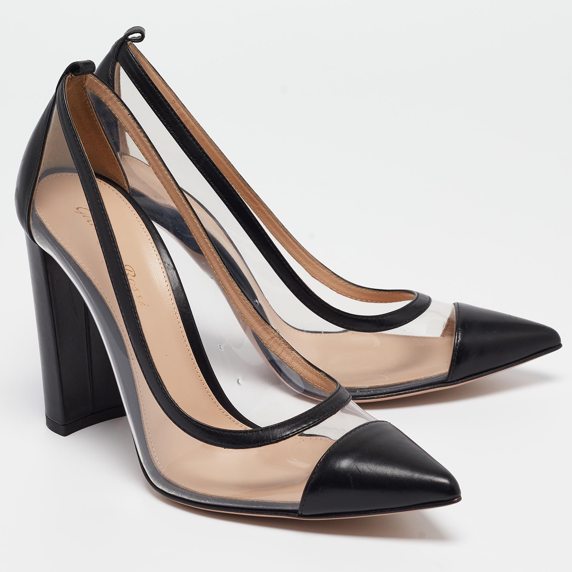 Women's Gianvito Rossi Black Leather and PVC Plexi Block Heel Pumps Size 39 For Sale