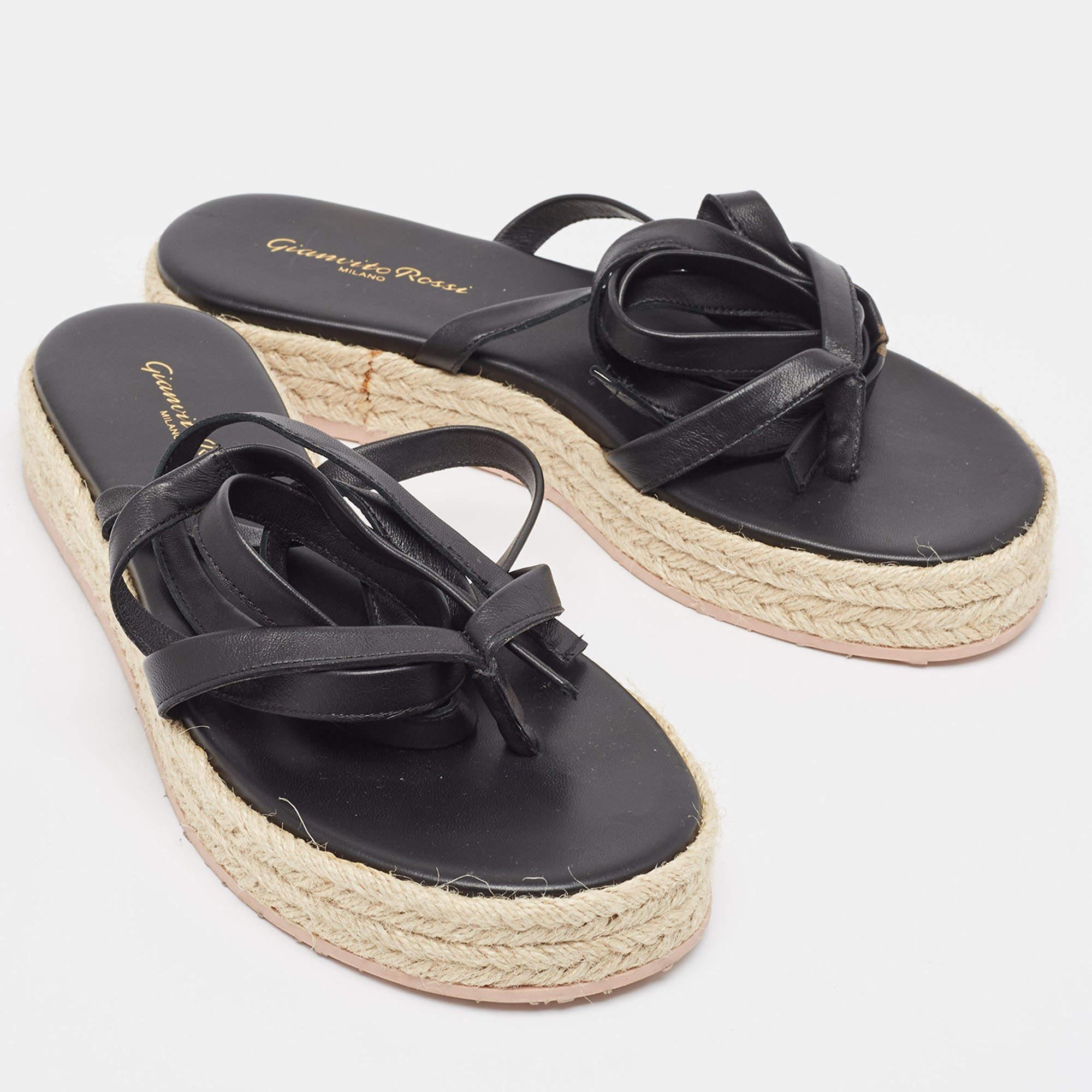 Women's Gianvito Rossi Black Leather Ankle Tie Espadrille Sandals Size 38 For Sale