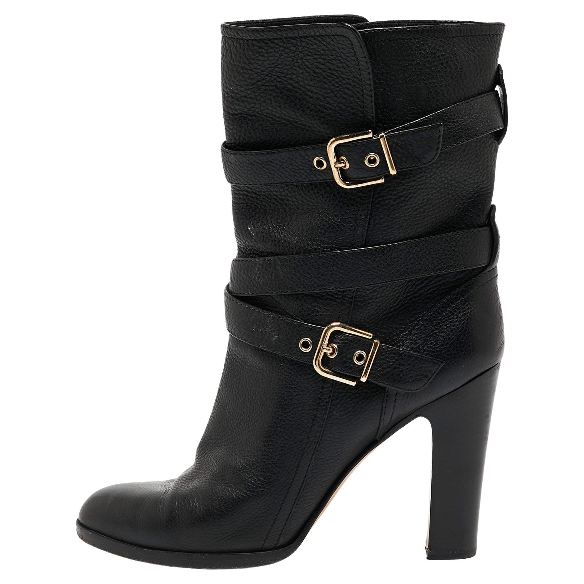 Gianvito Rossi Black Leather Buckle Detail Mid Calf Boots Size 40 For Sale