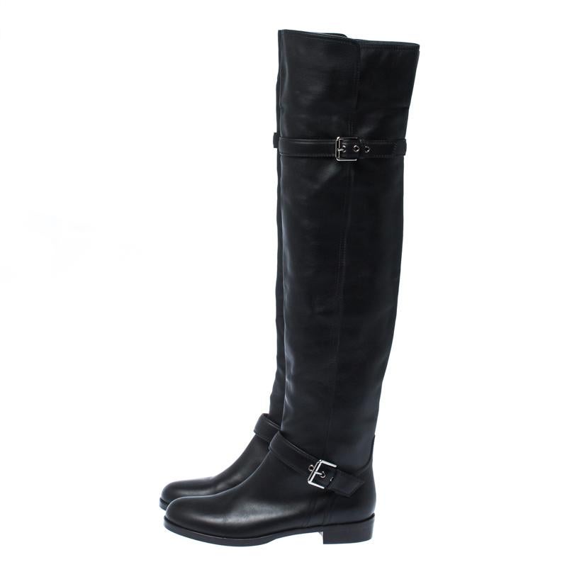 Women's Gianvito Rossi Black Leather Buckle Detail Over The Knee Boots Size 37.5