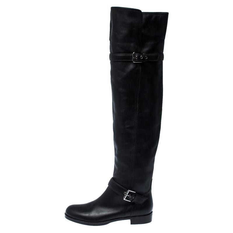 Gianvito Rossi Black Leather Buckle Detail Over The Knee Boots Size 37.5