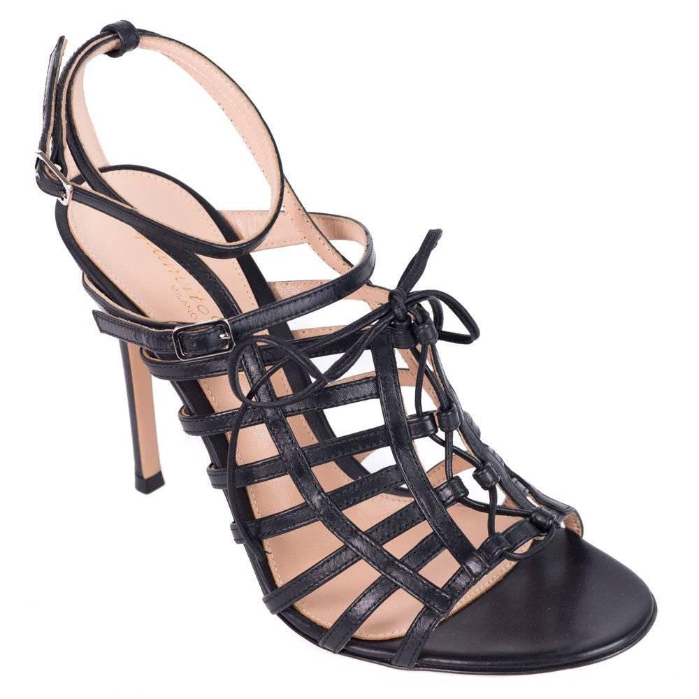 Gianvito Rossi Black Leather Caged Lace Up Stiletto Sandals For Sale