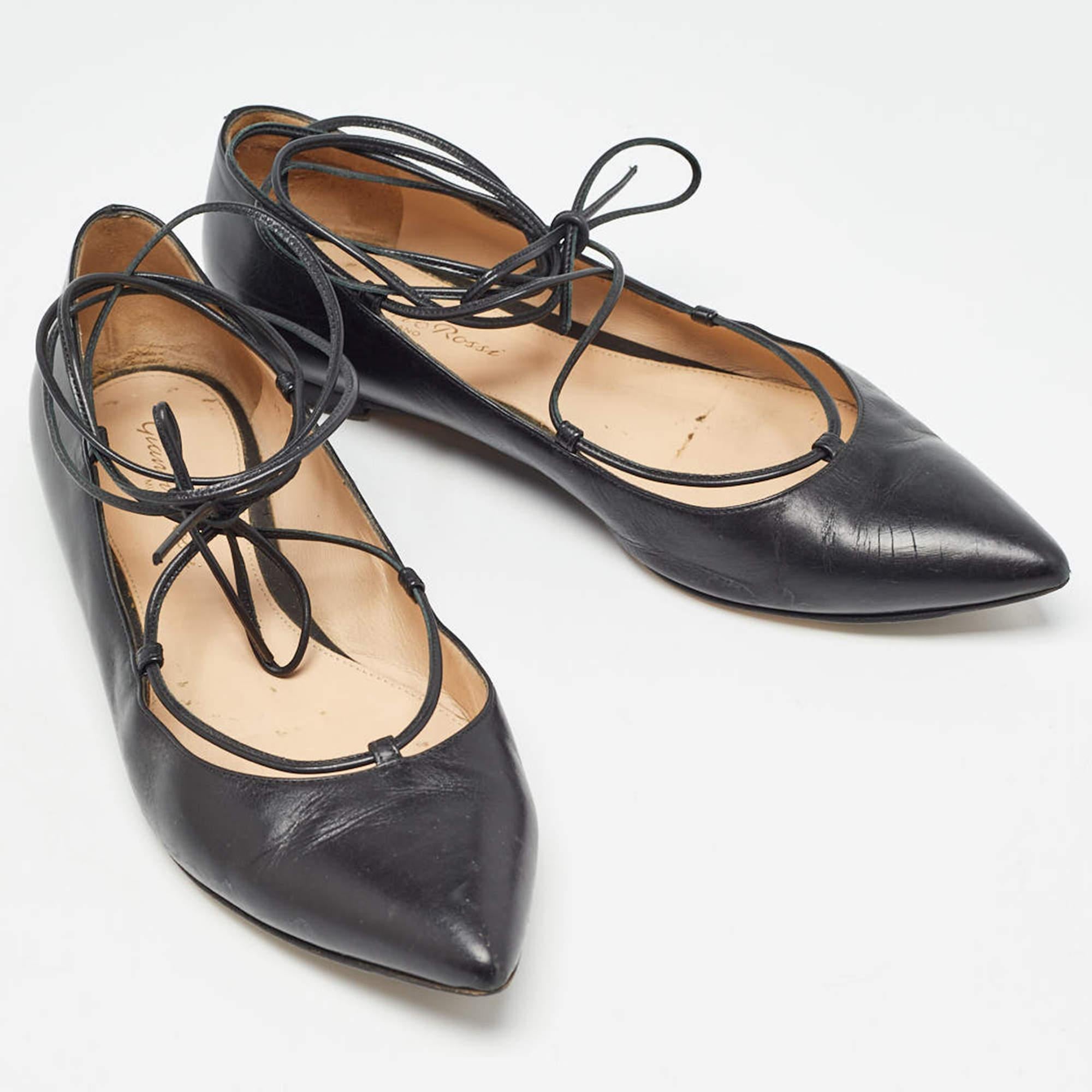 Women's Gianvito Rossi Black Leather Femi Ankle Tie Flats Size 37 For Sale