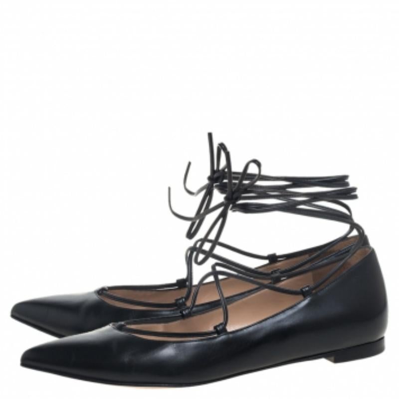 Gianvito Rossi Black Leather Femi Ankle Wrap Pointed Toe Flats Size 35 For Sale 3