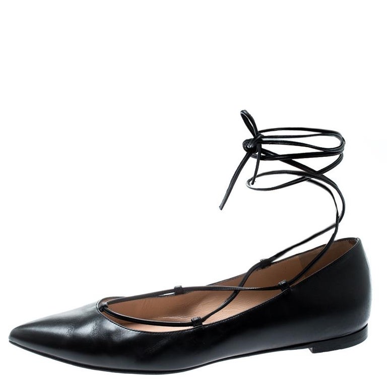Gianvito Rossi Black Leather Femi Ankle Wrap Pointed Toe Flats Size 36. ...