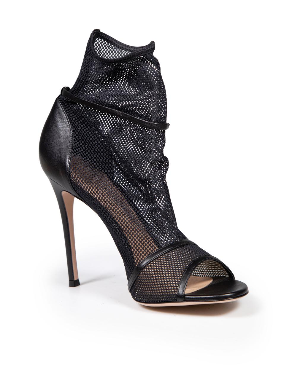 CONDITION is Never worn. No visible wear to heels is evident on this new Gianvito Rossi designer resale item. This item comes with original dust bag.
 
 
 
 Details
 
 
 Model: Idol
 
 Black
 
 Leather and mesh
 
 Ankle heels
 
 High heeled
 
 Open