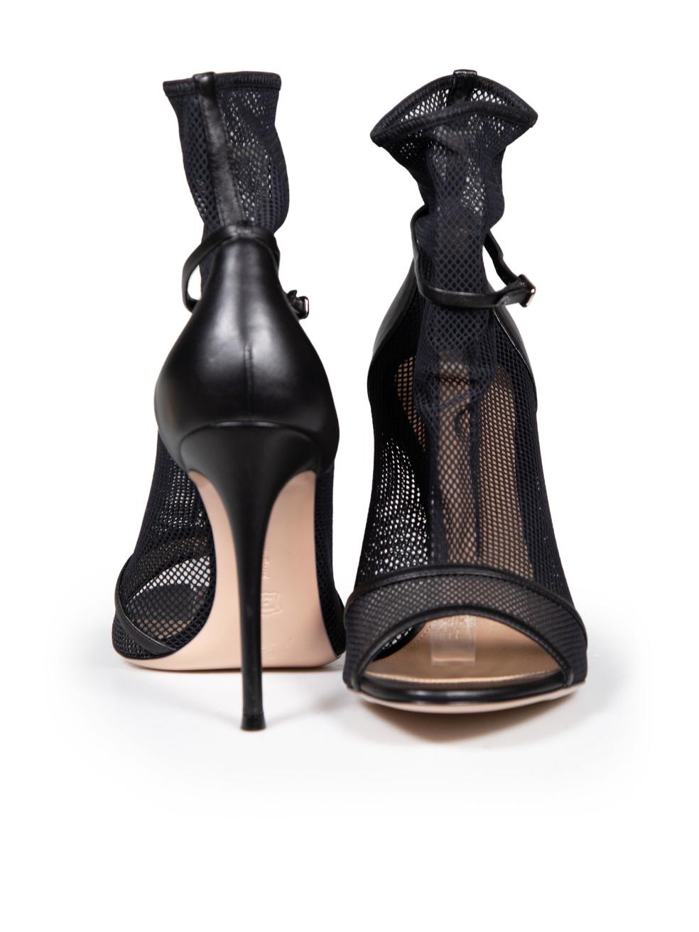 Gianvito Rossi Black Leather & Mesh Idol Open Toe Ankle Heels Size IT 41 In Excellent Condition For Sale In London, GB