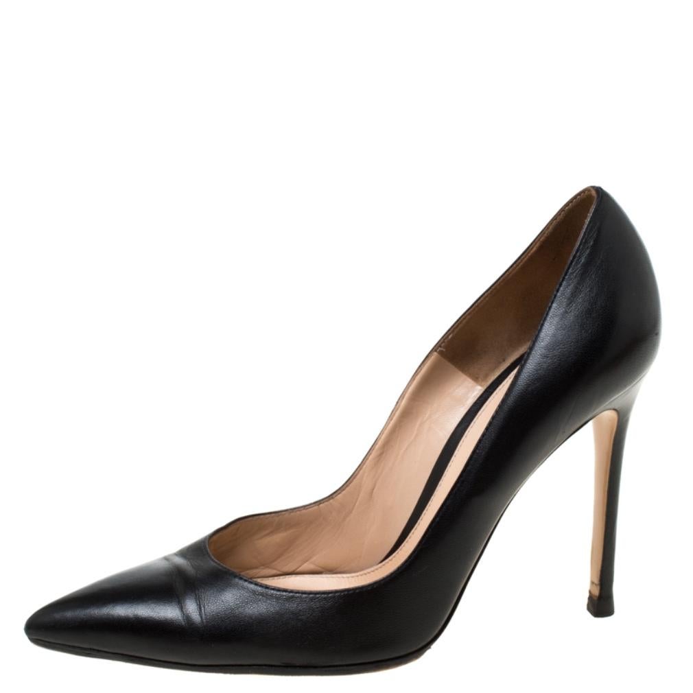 These Gianvito Rossi pumps are crafted from classic black leather and feature an elegant silhouette. They flaunt pointed toes, stiletto heels, and a smart look. Pair them with knee-length dresses or pleated skirts.

Includes: The Luxury Closet