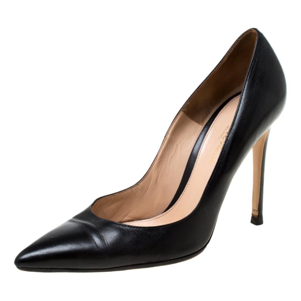 Gianvito Rossi Black Leather Pointed Toe Pumps Size 37.5