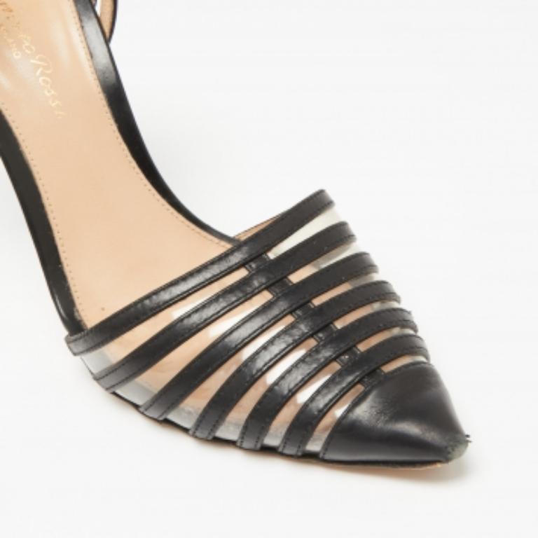 Women's Gianvito Rossi Black Leather & PVC Caged Ankle-Strap Pointed-Toe Pumps Size 36.5 For Sale