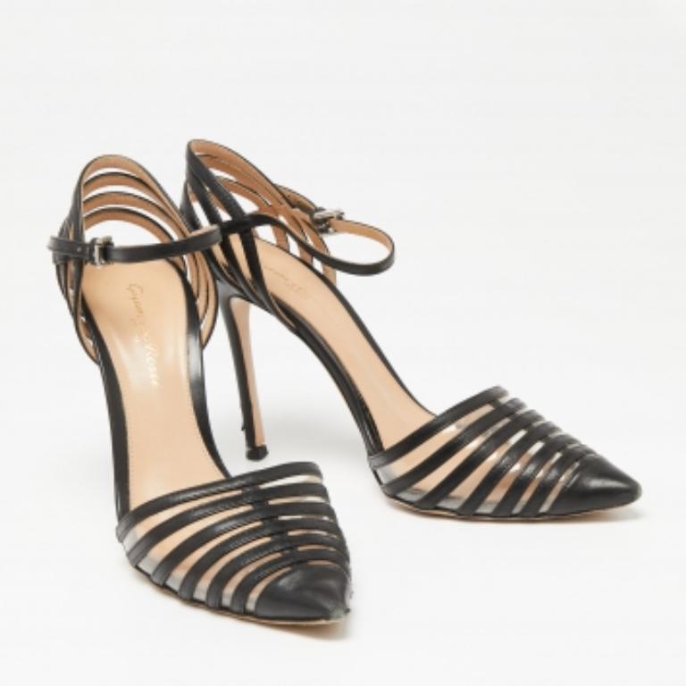 Gianvito Rossi Black Leather & PVC Caged Ankle-Strap Pointed-Toe Pumps Size 36.5 For Sale 1