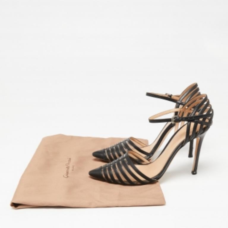 Gianvito Rossi Black Leather & PVC Caged Ankle-Strap Pointed-Toe Pumps Size 36.5 For Sale 4