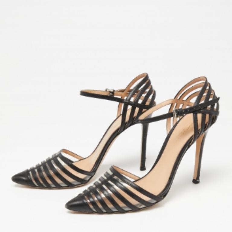 Gianvito Rossi Black Leather & PVC Caged Ankle-Strap Pointed-Toe Pumps Size 36.5 For Sale 5