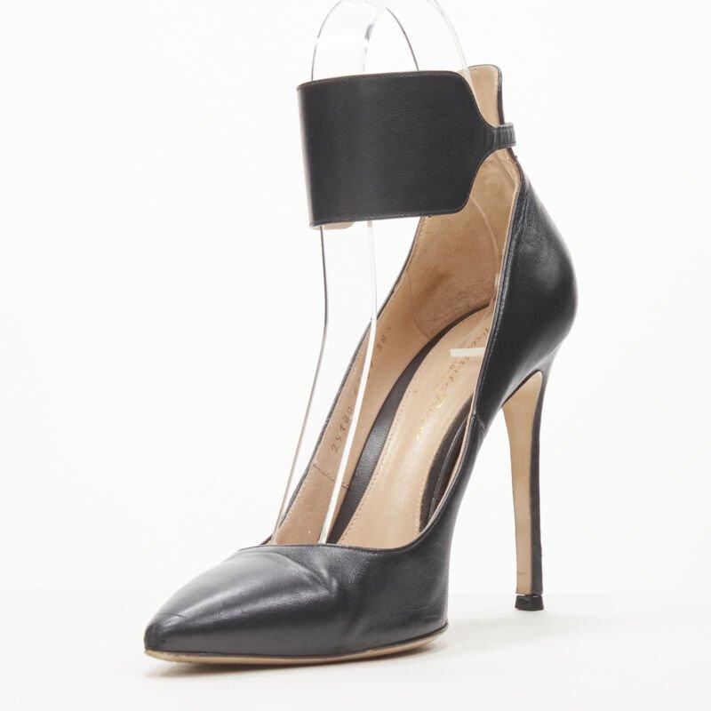 Black GIANVITO ROSSI black leather thick ankle strap stiletto pigalle pump EU38.5 For Sale