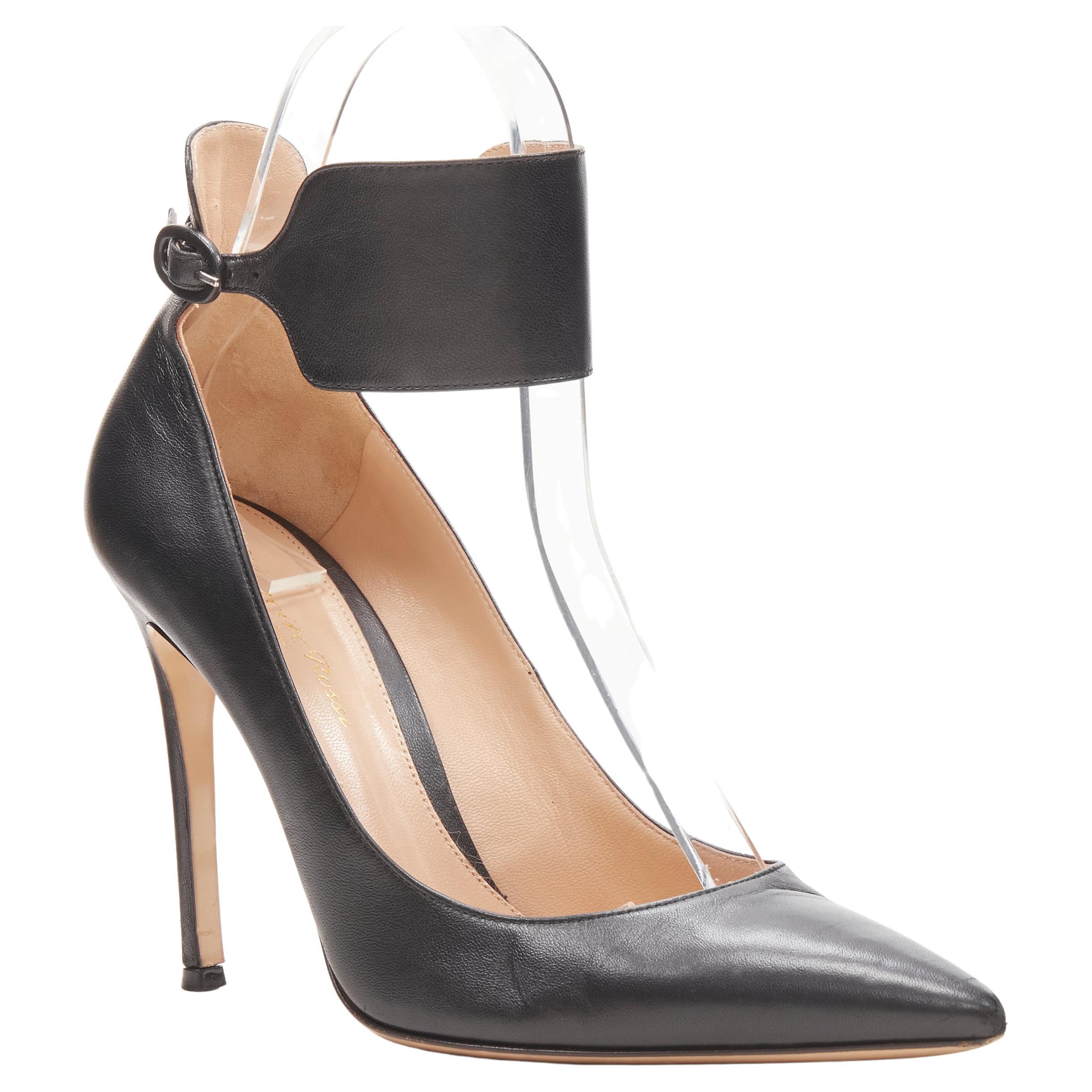 GIANVITO ROSSI black leather thick ankle strap stiletto pigalle pump EU38.5 For Sale